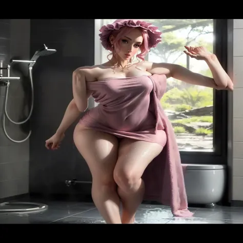 araffe woman in a pink towel in a bathroom with a shower, sexy dress, amouranth, better known as amouranth, sexy gown, elegant sleek smooth body, wet swimsuit, sexy body, sexy hot body, sexy girl, tall thin beautiful goddess, gorgeous female, flowing magic...