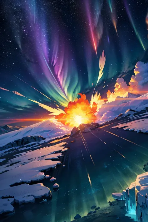 golden light, fire explosion, purple waves crashing behind, green and blue tornado, white blizzard, aurora borealis, flaming sun, flying rocks and ice, bright light, darkness, maguc, feathers