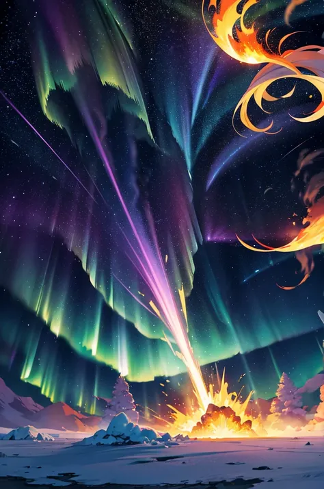 golden light, fire explosion, purple waves crashing behind, green and blue tornado, white blizzard, aurora borealis, flaming sun, flying rocks and ice, bright light, darkness, maguc, feathers