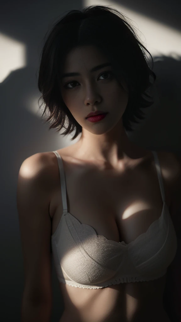 best quality, masterpiece, ultra high resolution, (realistic:1.5), raw photo, 1 woman,, in the dark, deep shadows, low key, cold light, sexy look, Short hair, smooth , sexy , leaf shadow, Seamless bra