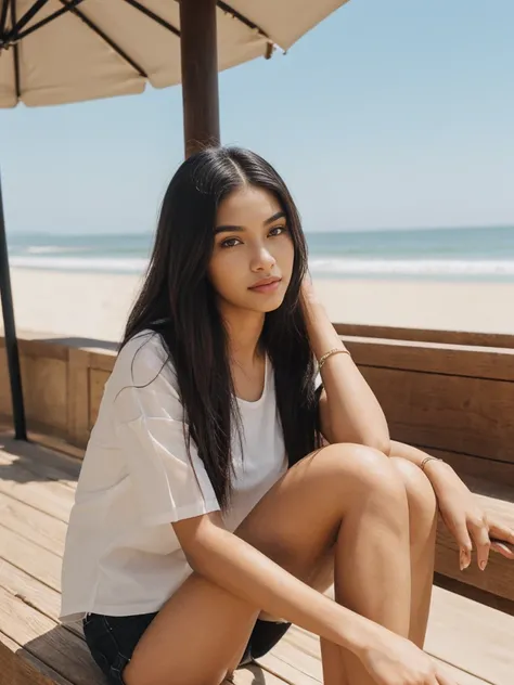 Madison Beer, her name is Jamila, high quality, 1girl, ((20-year-old fit black woman)), ((25 years old)), ((slim)), long hair, pose: sitting, wearing stylish modest classy fashionable Generation-Z modern wear different colored, BACKGROUND: outside: beach c...