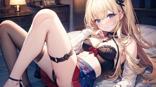 floor、mini skirt，Clothes with intricate details，Bright，Swimsuit，one person，blond，Sexy、Deep sleep、long hair、Stockings