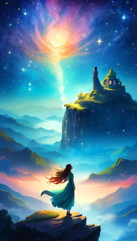 A woman standing on a cliff looking at the stars., dream digital painting, ethereal astral, ethereal essence, ethereal beauty, ethereal fantasy, beautiful fantasy painting, digital art fantasy, beautiful fantasy art, fantasy art style, Stunning fantasy art...