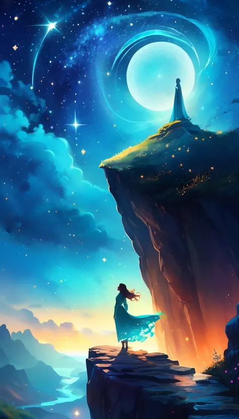 A woman standing on a cliff looking at the stars., dream digital painting, ethereal astral, ethereal essence, ethereal beauty, ethereal fantasy, beautiful fantasy painting, digital art fantasy, beautiful fantasy art, fantasy art style, Stunning fantasy art...