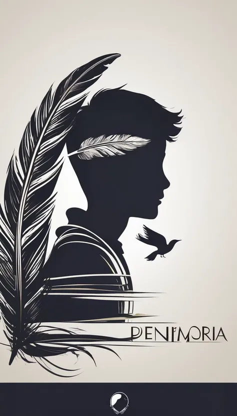 Create a minimal, modern, simple, inspirational, memorable, dream like logo design of a boy and a feather for the brand “Penamemoria".