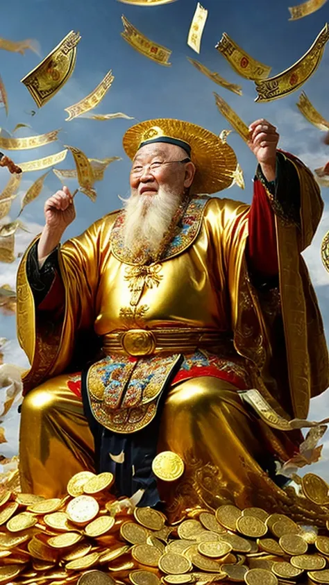 zhao gongming, the god of wealth，80-year-old kind old man，（chinese elderly），realistic，surrounded by money，falling into the cornu...