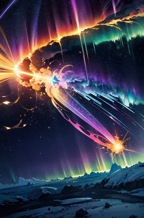 golden light, fire explosion, purple waves crashing behind, green and blue tornado, white blizzard, aurora borealis, flaming sun, flying rocks and ice, bright light, magic, sparkles, disastrous