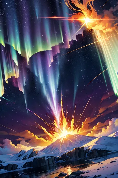 golden light, fire explosion, purple waves crashing behind, green and blue tornado, white blizzard, aurora borealis, flaming sun, flying rocks and ice, bright light, magic, sparkles, disastrous