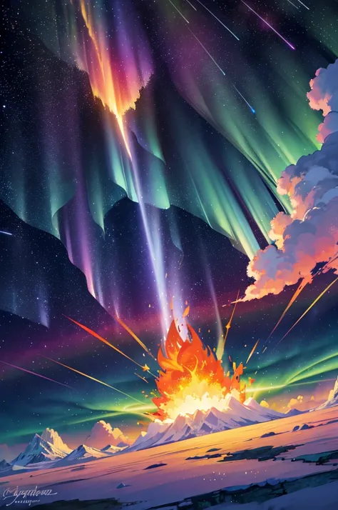 golden light, fire explosion, purple waves crashing behind, green and blue tornado, white blizzard, aurora borealis, flaming sun, flying rocks and ice, bright light, magic, sparkles, disastrous