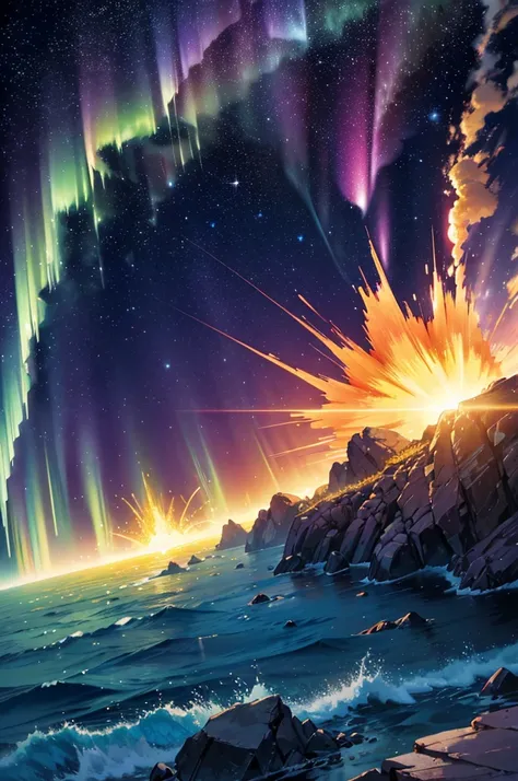 golden light, fire explosion, purple waves crashing behind, green and blue tornado, white blizzard, aurora borealis, flaming sun, flying rocks and ice, bright light, magic, sparkles, disastrous