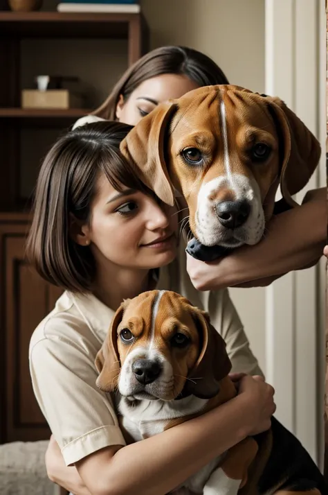 creates a woman with a beagle dog in a tender scene