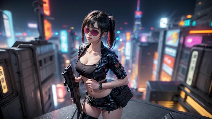 8k, realistic skin texture, realistic photo, neo tokyo, slim japanese women, large-breast:1.3 cleavage:1.2, ad2050 at night, dir...