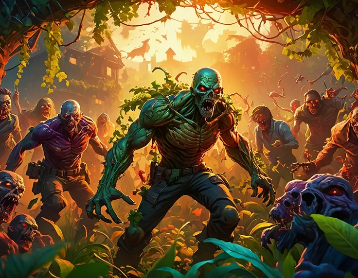 A lush, colorful garden, overgrown plants battling against an army of zombies, (best quality,4k,8k,highres,masterpiece:1.2),ultra-detailed,vibrant colors, 2D illustration, dynamic composition, intricate details, horror, fantasy, post-apocalyptic, warm ligh...