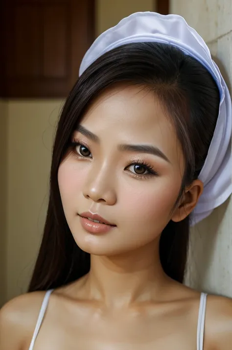 Create a wide-angle image Portrait of a beautiful Thai woman with perfect face, beautiful skin. She is wearing a beautiful maid&#39;s outfit. She was sitting with one leg on a chair. Pointing a finger in front of a young Thai man with a perfect face. Wear ...