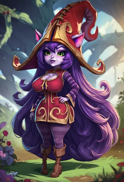 1girl, solo, masterpiece, best quality, detailed, narrow waist, wide hips, huge breasts, huge ass, score_9, score_8_up, score_7_up, LuluLoLXL, yordle, tall female, green eyes, purple hair, very long hair, sidelocks, bangs, animal ears, purple skin, colored...