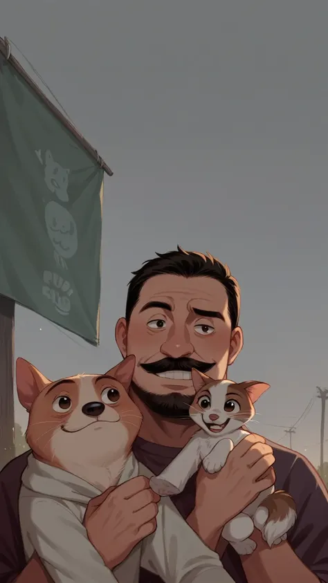 A disney pixar movie poster featuring a teenage character with a short beard and mustache, happy and cute. wearing clothes, Grinning, in one arm holding a Shintzu dog and in the other holding a cat with different colors. Under a blue sky, full of stars out...