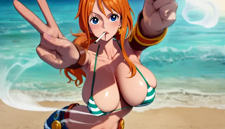 a cartoon picture of a woman in a bikini top and jeans, nami one piece, nami from one piece, nami, beautiful portrait of nami, from one piece, oppai, blue eyes, smoking, ponytail, nsfw