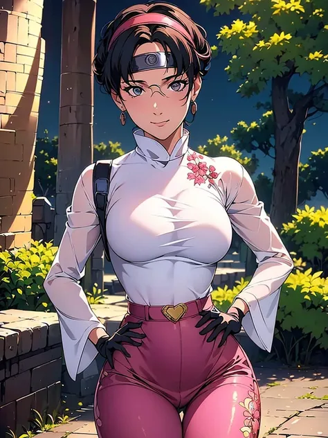 Just one girl,Best quality, 4k, high resolution, body stuck dress, perfect smile, gorgeous, light skin, ahegao face(hentai face) ,black hair,wearing head band, wears White qipao shirt with long sleeves and red edges,
Wearing Loose pink pants that reach bel...