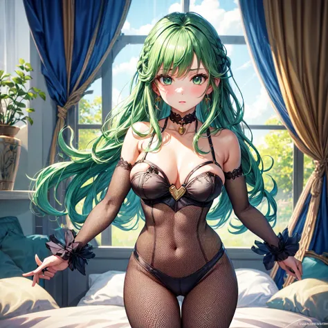 (butt), (bedroom), (sexy girl), masterpiece, best quality, 1girl, bangs, blush, breasts, collarbones, ear piercings, eyebrows visible through hair, (gradient green hair), jewelry, long hair, looking at the viewer, bright eyes, ring, (solo), illustration, f...