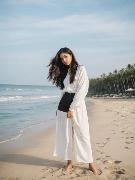 Madison Beer, her name is Jamila, high quality, 1girl, ((20-year-old fit black woman)), ((25 years old)), ((slim)), long hair, pose: standing, wearing modest classy fashionable Generation-Z modern wear ((different colored)), BACKGROUND: outside: beach cafe