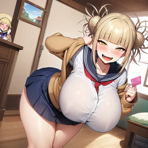 toga himiko,1girl,solo,Mature Women,Females in heat,blush,blonde hair,yellow eyes,narrowed eyes,blunt bangs,open mouth,fangs,cardigan,long sleeves,neckerchief,red neckerchief,blue short skirt,gigantic huge breasts,condom in right hand,looking at viewer,sta...