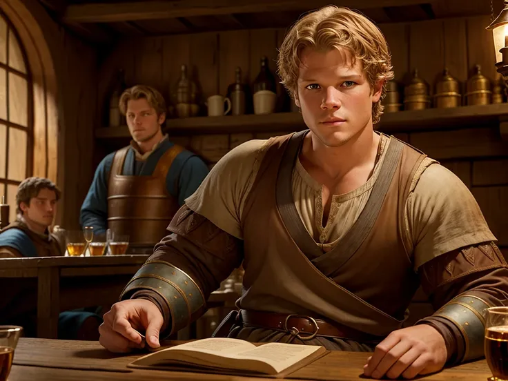 christopher egan as a handsome medieval knight sits at a table in a tavern, in front of him is a fat, obsequious innkeeper