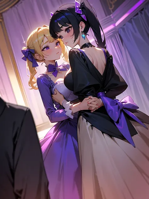 Two adult girls, one is blonde with two pigtails of purple bows, She wears a shiny purple gala dress with decorations and diamonds, Her eyes are blue and she is next to another girl with black hair., loose hip length hair, black eyes and bright and stunnin...