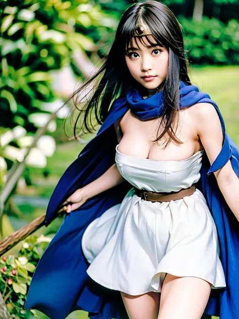 sage_(dq3), 1girl, 
walking with a slime through the vast grasslands, 

long hair, blue hair, normal breast, cleavage, nipples, bare shoulders, 
circlet, yellow gloves, (white dress),belt, cape, knee-high boots, 
(holding a wooden staff), 

(cowboy shot), ...