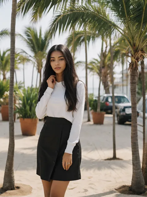 Madison Beer, her name is Jamila, high quality, 1girl, ((20-year-old fit black woman)), ((25 years old)), ((slim)), long hair, pose: standing, wearing modest dress fashionable Generation-Z modern wear ((different colored)), BACKGROUND: outside: beach cafe