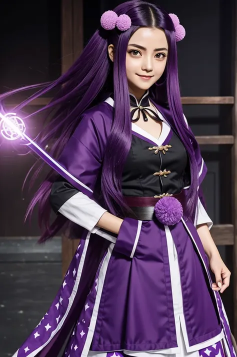 Make a character in the style of the anime Kimetsu No Yaiba, with long purple hair, with a pompom hairstyle and loose hair, purple eyes with pupils in the shape of phosphorescent stars, with the uniform of the demon hunters, that does not have haori, smili...