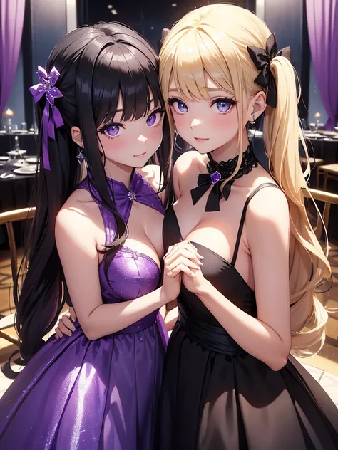 Two adult girls, one is blonde with two pigtails of purple bows, She wears a shiny purple gala dress with decorations and diamonds, Her eyes are blue and she is next to another girl with black hair., loose hip length hair, black eyes and bright and stunnin...