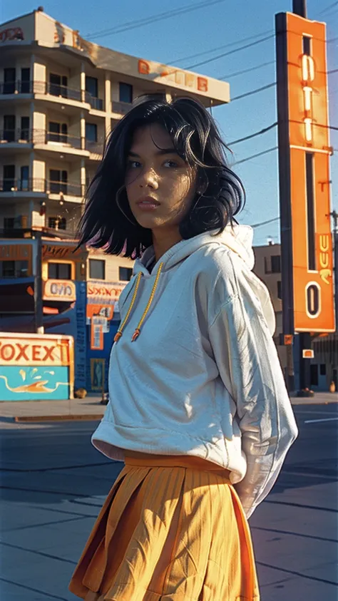 long shot portrait of cute 23 yo girl ,wear ((color orange oversized_hoodie no sleeve)), wear ((purple tennis skirt)),looking front,Best Quality,Masterpiece,Ultra High Resolution,(Realisticity:1.4),Original Photo, 1Girl, light leak,ultra high resolution,UH...