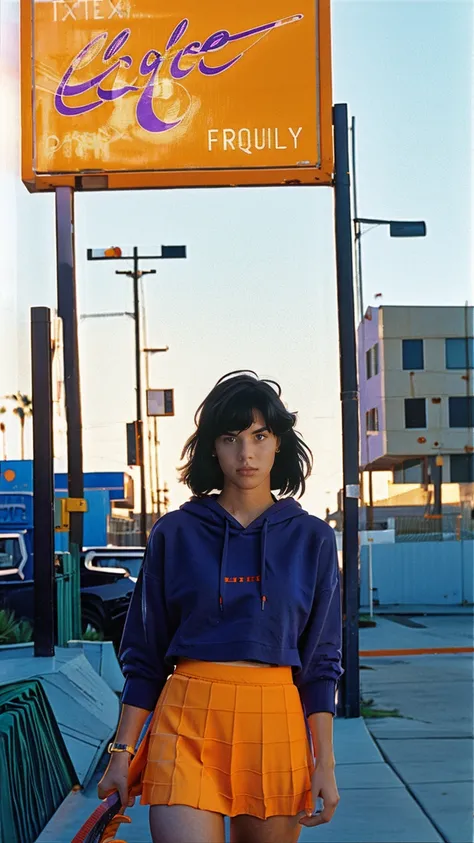 long shot portrait of cute 23 yo girl ,wear ((color orange oversized_hoodie no sleeve)), wear ((purple tennis skirt)),looking front,Best Quality,Masterpiece,Ultra High Resolution,(Realisticity:1.4),Original Photo, 1Girl, light leak,ultra high resolution,UH...