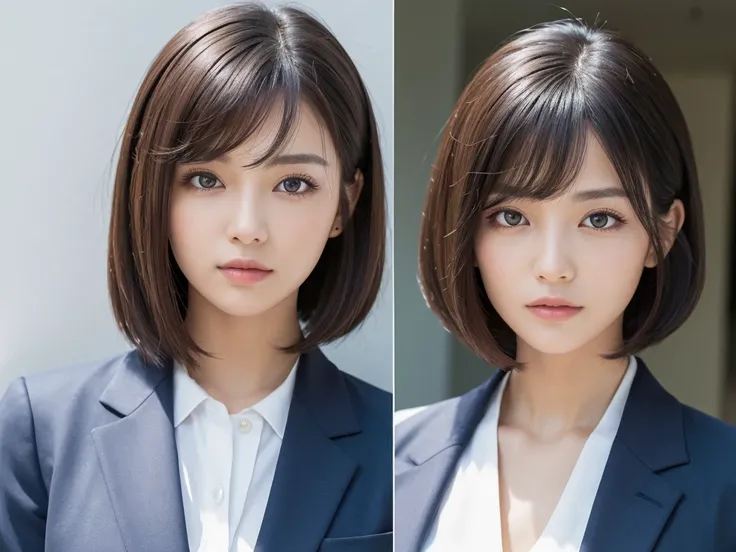 ((Highest quality, 8K, masterpiece :1.3)), One girl,Bob Hairstyles,Photographed in front of a white wall、Photographed in natural light、Wearing a business suit、Top view、super Detailed face, Beautiful Eyes,(Highly realistic photos, High resolution, Detailed ...