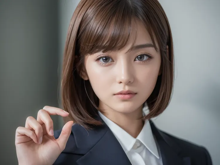 ((Highest quality, 8K, masterpiece :1.3)), One girl,Bob Hairstyles,Photographed in front of a white wall、Photographed in natural light、Wearing a business suit、Top view、super Detailed face, Beautiful Eyes,(Highly realistic photos, High resolution, Detailed ...