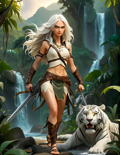 A young female savage, dressed in light leather armor. long tangled ash white hair, green yellow eyes, long legs, barefoot. With a sword in his hand, he quickly rides on a Tiger through the jungle. In the background are mountains, old jungle ruins and a wa...