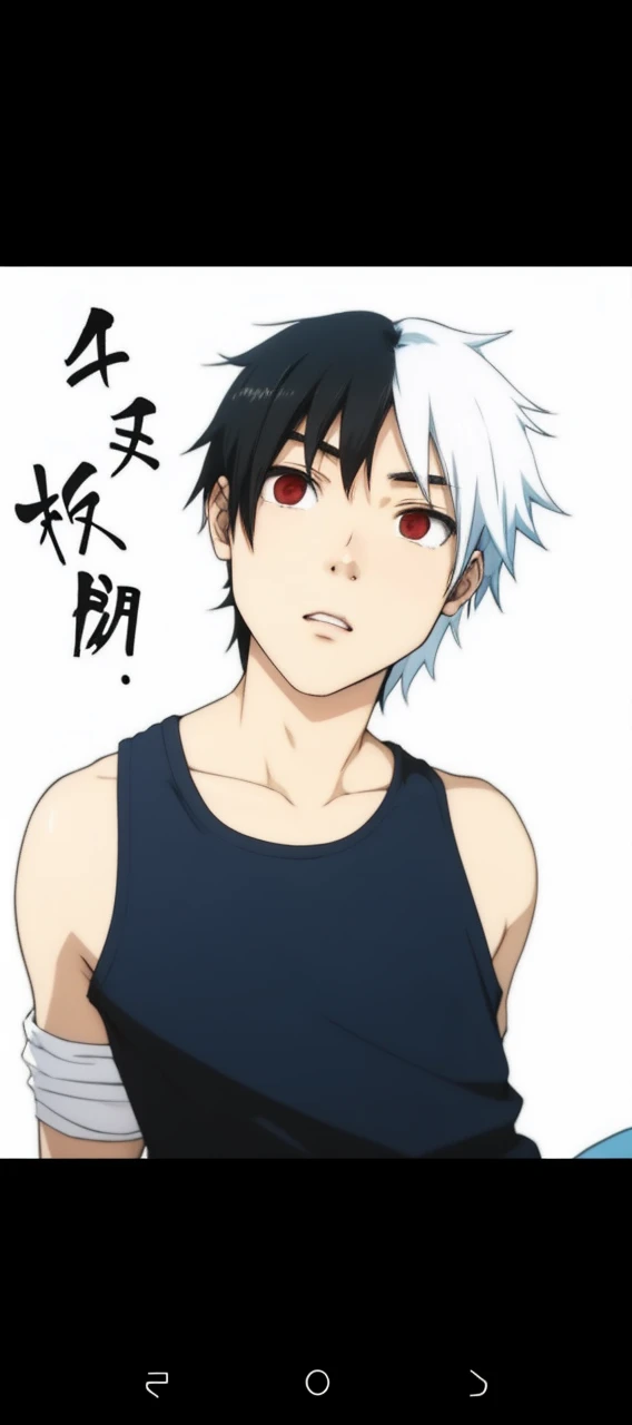 a white anime kid with black hair and black and brown eyes a light blue t-shirt with a red mouth mask