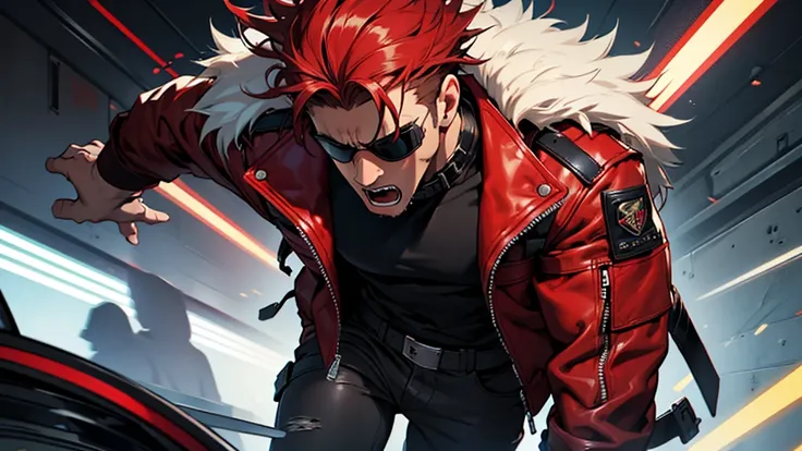 4k ultra high quality, human man, square jaw, red goggles over his eyes, white hightop hair cut, brown bomber leather jacket with fur collar, black shirt and pants, distraught look on his face shouting