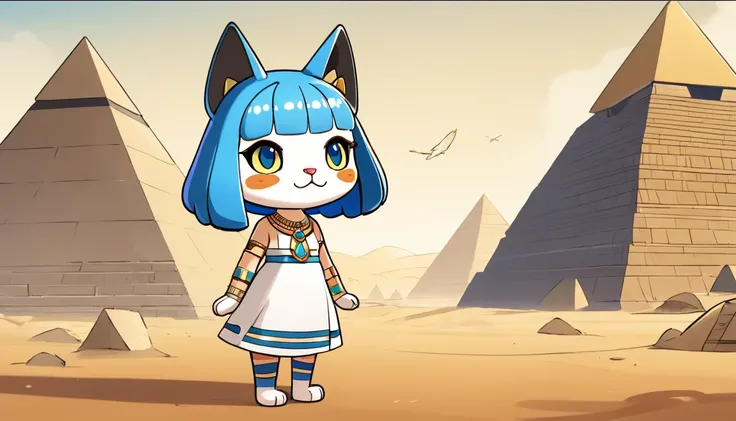 1girl，Artist Name，Egyptian cat，Blue Hair，skin，Keep your mouth shut，Wear，whole body，solo，Standing，猫Tail，Keep your mouth shut，Wear，Looking at the audience,Animal Crossing Furry, Blue Hair, Hair accessories, 黄skin, black eyes, White Dress, Tail, Egyptian Pyra...