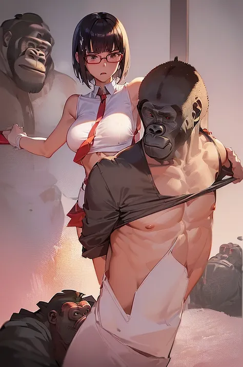 masterpiece, best quality,anime style, 1 girl,(((slender body))), (((small breast))),(((hot pants, white tanktop,red tie,glasses))),(((((a gorilla man grabbing the girl))))), ((((restrained, arms behind back)))),((((cum)))), (beautiful face), (((short hair...