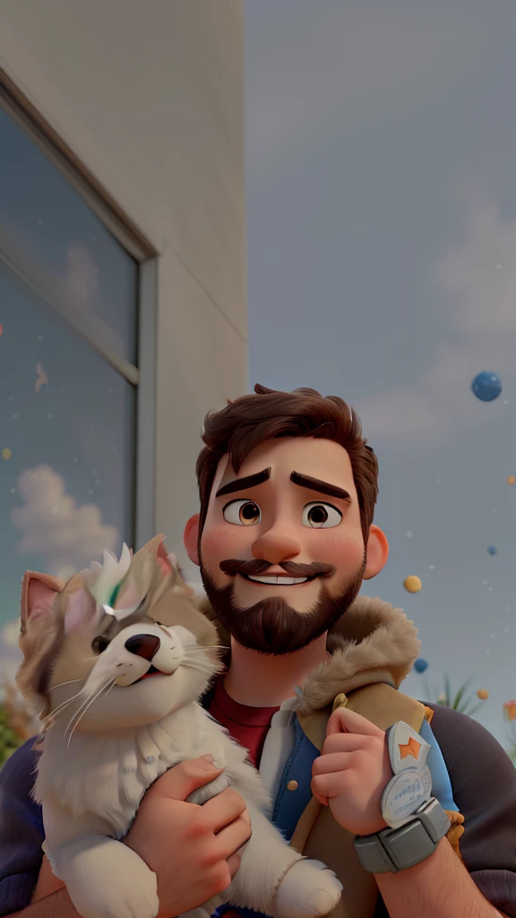 A disney pixar movie poster featuring a teenage character with a short beard and mustache, happy and cute. wearing clothes, Grinning, in one arm holding a Shintzu dog (bege e offwhite e no outro segurando um gato com várias cores (tricolor, offwhite, orang...