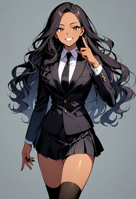  a woman, 19-years-old, solo, mature face, average height, tan skin, (long black wavy hair thats parted in the middle:1.2), no bangs, brown eyes, playful smile, cropped black blazer, black necktie, cropped white formal shirt, black pleated skirt, black kne...