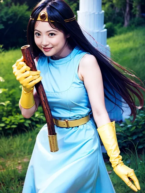 sage_(dq3), 1girl, 
(walking through the vast grasslands), 

long hair, blue hair, normal breast, cleavage, nipples, bare shoulders, 
circlet, (yellow gloves), (white dress),belt, cape, (knee-high boots), 
(holding a wooden staff), 

(cowboy shot), 
detail...