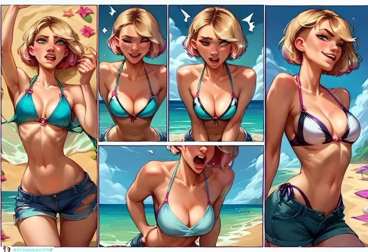 score_9, score_8_up, score_8_up, source_cartoon, (comic, sequence, 8-panel:1.5), 1girl, (short hair Gwen Stacy:1.0), cleavage, bikini top, shorts, beach, outdoors, model poses, smiling.