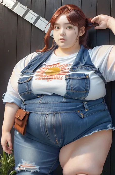 Makima from the anime "Chainsaw Man", bbwchan, whole body, beautiful and ultra detailed. ssbbw, morbid obesity, Dark red hair yellow eyes, oily face, ultra detailed and soft face. White shirt, denim skirt, dynamic pose, Sun, 