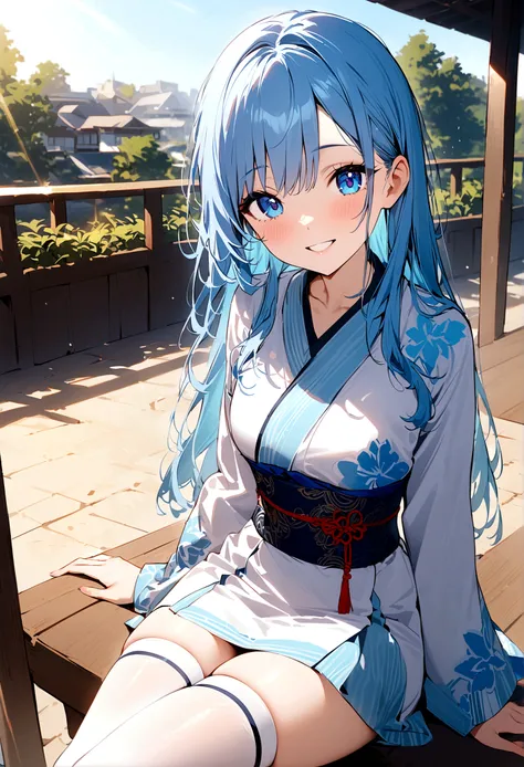 (female): (((solo))), (perfect face), (detailed outfit), (20 years old), beautiful female, sitting, happy, (smiling),  blue hair, long hair, blue eyes, (kimono, white thighhighs, zettai ryouiki), afternoon, sunny (effects): (masterpiece), (best quality), (...