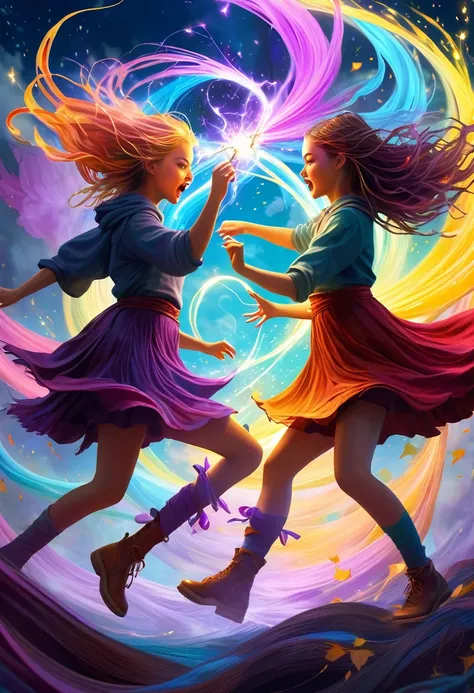 a medium quality digital painting of two girls fighting, unravel,casting a spell, fantasy art, vibrant colors, magical atmospher...