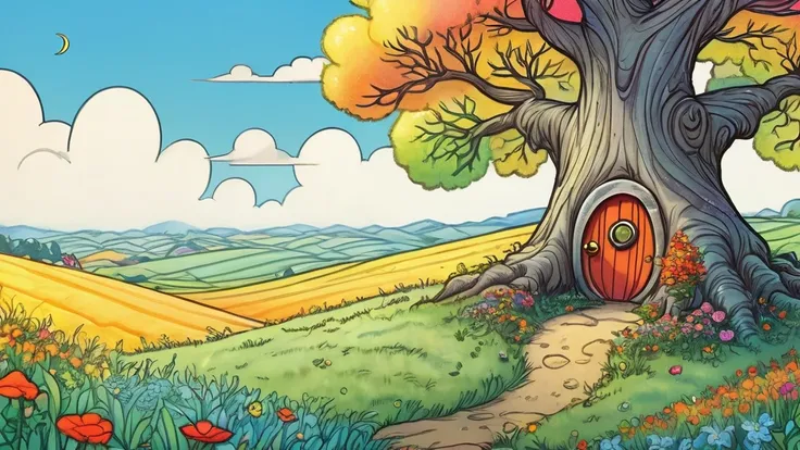 (A large close-up of a one-handed axe leaning against a tree in the center):Fields as background、looks happy,An illustration,pop,colorfulに,draw with thick lines,color、Dreaming happy dreams,Warm and full of happiness,,colorful,Fancy,Fantasy,Detailed explana...