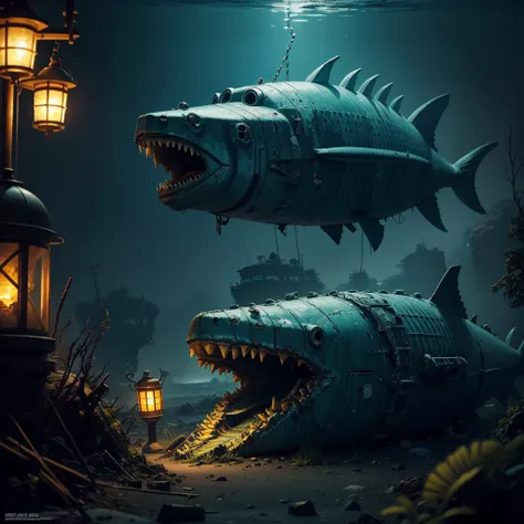 huge fish zombie angler fish next to a destroyed submarine with a lantern on the bottom of the sea at night blue and yellow green glow post-apocalyptic landscapes in retro style poster artistic art comic complex details high detail, 32k, sharpness