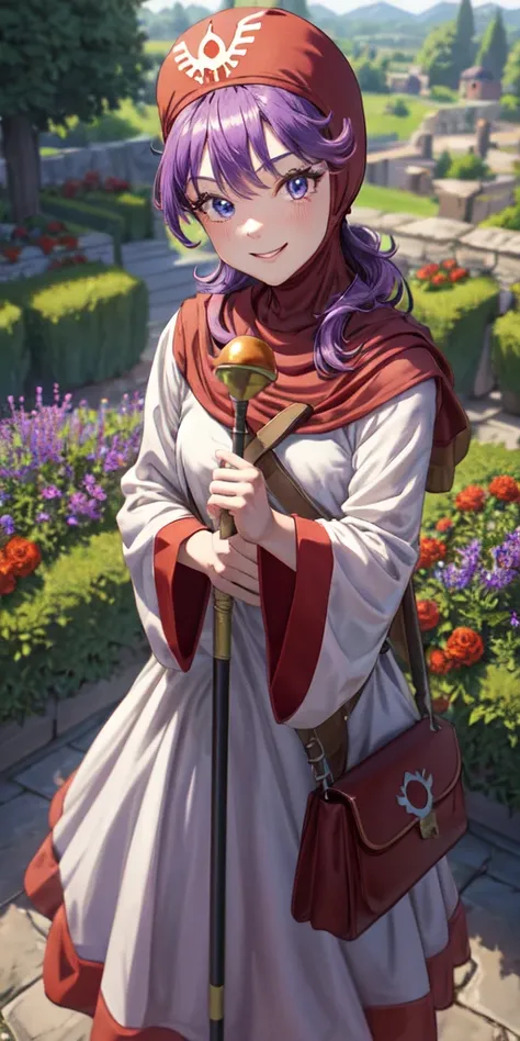 masterpiece, best quality, 4k, 8k, dqpom, red hood, purple hair, robe, upper body, standing, holding staff, sky, garden, looking...